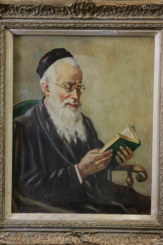 1950 Oil on Canvas Painting of a Rabbi Reading,Sig