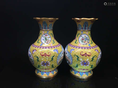 Pair Of Bronze Gilt Enamel Vase