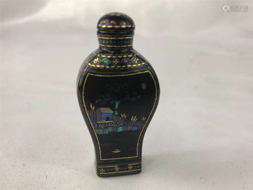CHINESE LACQUER MOTHER OF PEARL INLAID SNUFF BOTTLE