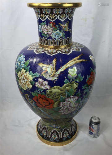 LARGE CHINESE CLOISONNE BIRD AND FLOWER FLOOR VASE