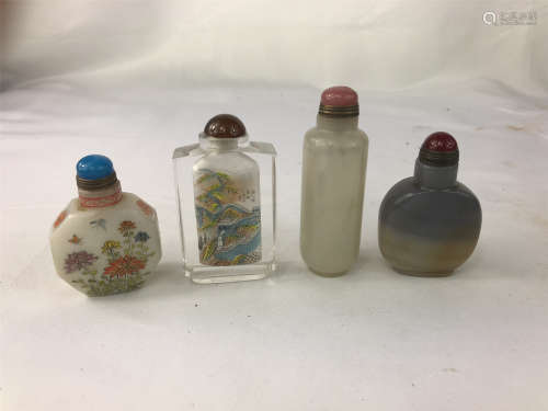 FOUR CHINESE JADE AGATE GLASS SNUFF BOTTLE