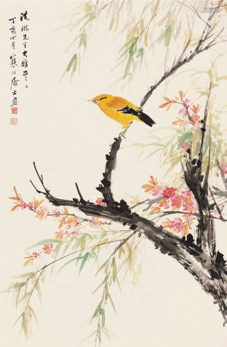 江寒汀 丁亥（1947）年作 桃花黄鹂 立轴 设色纸本