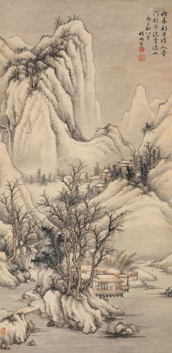 殷梓湘 丙子（1936）年作 雪景思诗 立轴 设色纸本