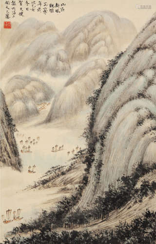贺天健 己亥冬日（1960）年作 山区新风貌 立轴 设色纸本
