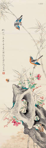 江寒汀 辛巳（1941）年作 枝头对语 立轴 设色纸本