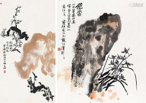 萧晖荣（b.1946） 丁卯（1987）年作 梅兰 （两帧） 镜片 设色纸本