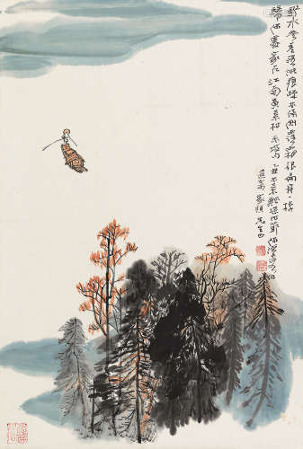 何海霞（1908～1998） 乙丑（1985）年作 江南黄叶村 立轴 设色纸本