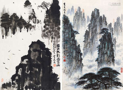 黄安仁（1923～2004）  金尧如（1923～2004） 1977年作 山水 （两帧） 镜片 设色纸本
