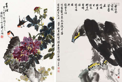 张钟（b.1946）  张远声（b.1943）  刘良金（b.1943） 甲子（1984）年作 花鸟 （两帧） 镜片/立轴 设色纸本