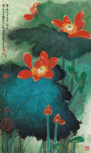 糜耕云（1910～1998） 甲子（1984）年作 绿叶红荷 立轴 设色纸本