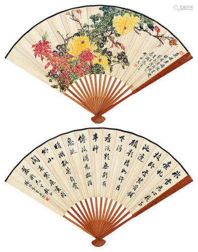 柳村（1920～2015）  王光烈（1880～1953） 花鸟行书 成扇 设色纸本