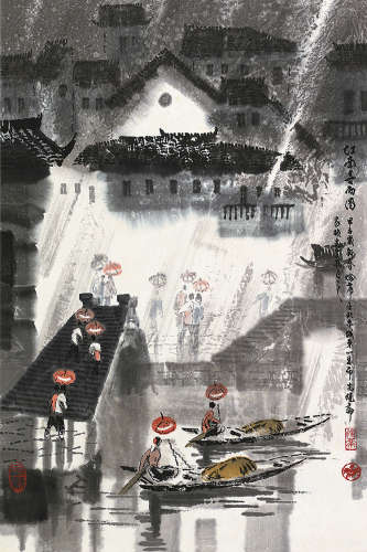 徐希（b.1940） 甲子（1984）年作 江南春雨 立轴 设色纸本