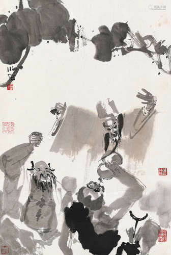 傅小石（b.1932） 四笑图 立轴 设色纸本
