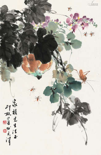 萧朗（1917～2010） 花卉草虫 镜片 设色纸本