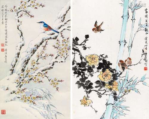 唐原道（b.1909）  王羽仪（1902～？） 癸亥（1983）年作 花鸟 （两帧） 立轴、镜片 设色纸本