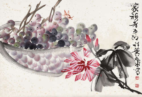 许麟庐（1916～2011） 葡萄花卉 镜片 设色纸本