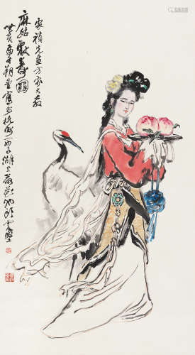 李震坚（1921～1992） 癸亥（1983）年作 麻姑献寿图 立轴 设色纸本