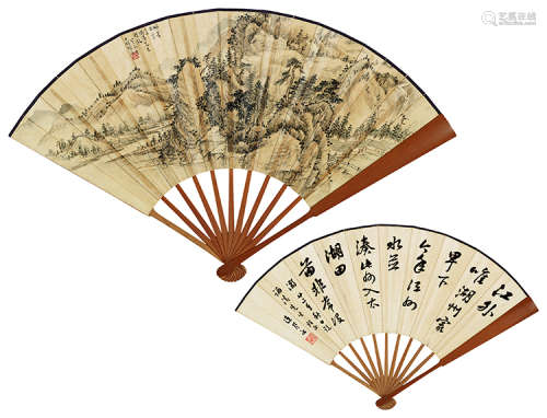 张翰飞（1884～1939）  连声海（1885～1947） 山水 行草 成扇 设色纸本