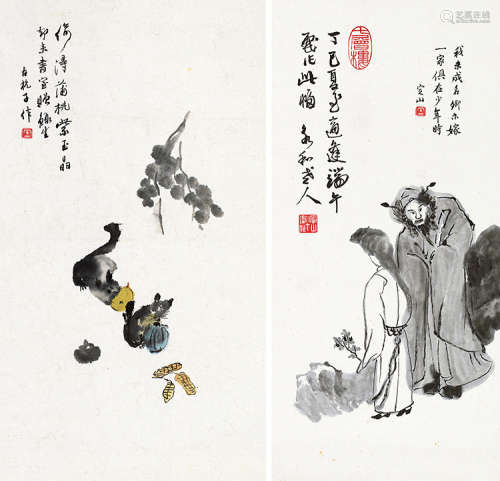 陈定山（1897～1989） 画 （两帧） 镜片 设色纸本、水墨纸本