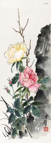 黄君璧（1898～1991） 月季 镜片 设色纸本