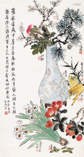 陈定山（1897～1989）  高逸鸿  傅狷夫等 贺岁图 镜片 设色纸本