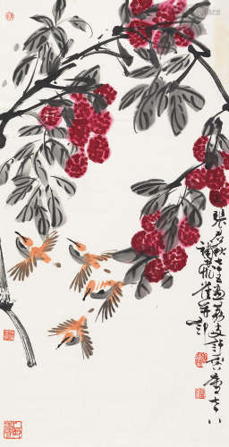 许麟庐（1916～2011）  张君秋（1920～1997） 荔枝飞雀 镜片 设色纸本