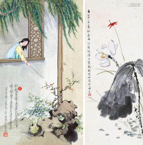 陈明勲（#）  盛瑾如（1900～1983） 打起黄莺儿 白荷蜻蜓 镜片 设色纸本