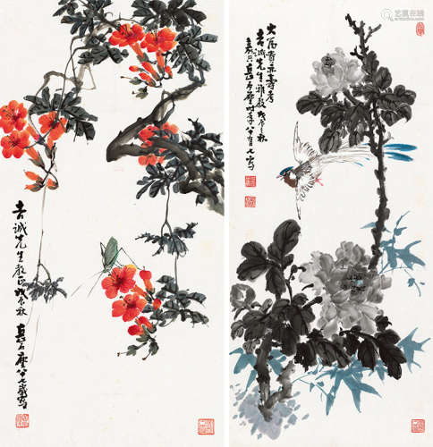 岳石尘（1902～2003） 戊辰（1988）年作 花间 （两帧） 镜片 设色纸本