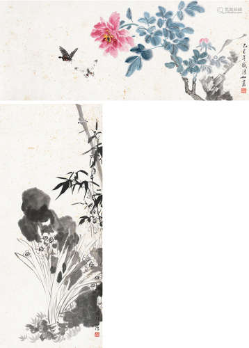 盛瑾如（1900～1983） 双清 蝶来 （两帧） 镜片