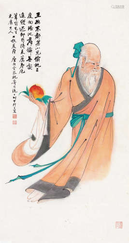 糜耕云（1910～1998） 丁卯（1987）年作 献寿图 镜片 设色纸本