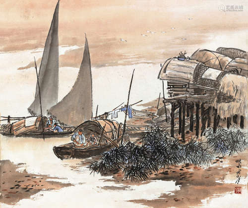 关山月（1912～2000） 江畔人家 镜片 设色纸本