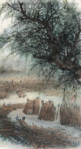黎雄才（1910～2001） 春溪放筏 立轴 设色纸本