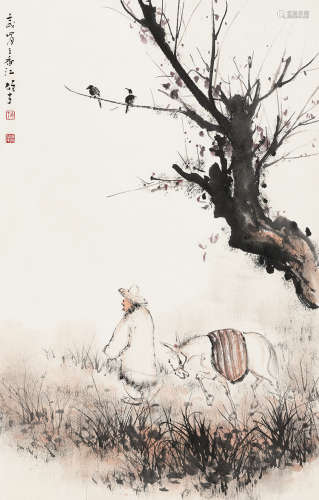 黎雄才（1910～2001） 壬戌（1982）年作 人马图 立轴 设色纸本