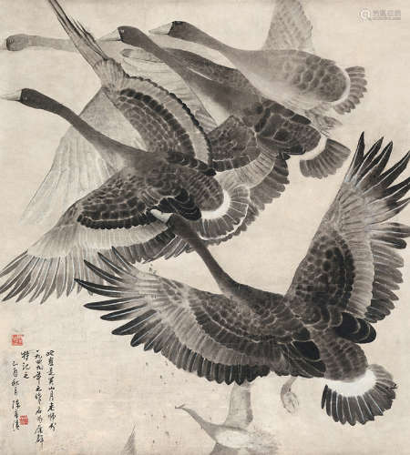 关山月（1912～2000） 1949年作 雁群 镜片 设色纸本