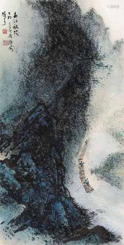 黎雄才（1910～2001） 丁卯（1987）年作 春江放筏 立轴 设色纸本