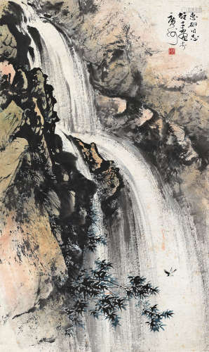 黎雄才（1910～2001） 松瀑幽禽 立轴 设色纸本