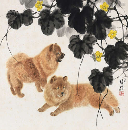 方楚雄（b.1950） 丁丑（1985）年作 双犬图 镜片 设色纸本