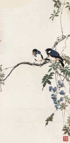 邓芬（1894～1964） 紫藤双喜 镜片 设色纸本