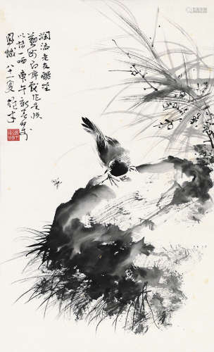 黎雄才（1910～2001） 庚午（1990）年作 兰石小鸟 镜片 水墨纸本