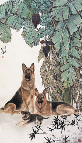 方楚雄（b.1950） 壬辰（2012）年作 蕉荫犬憩 镜片 设色纸本