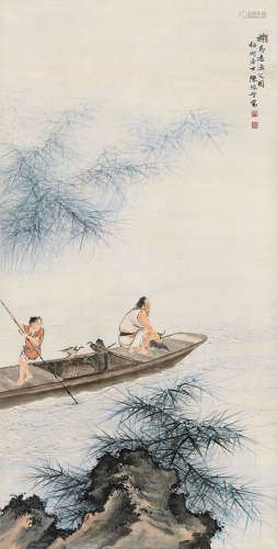 陈缘督（1902～1967） 拟马远渔父图 立轴 设色纸本