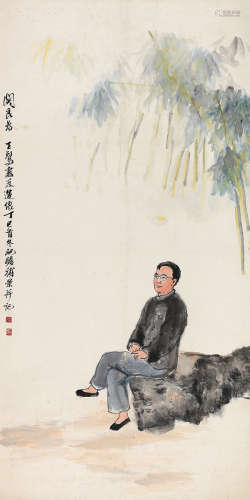 关良（#）  朱屺瞻（1900～1996） 丁巳（1977）年作 王鴷小像 镜片 设色纸本