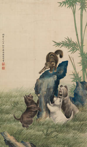 陈缘督（1902～1967） 丙寅（1926）年作 猫犬嬉戏 立轴 设色绢本