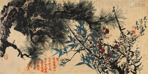 林墉（b.1942）  汤小铭（b.1939） 1986年作 三友图 镜片 设色绢本