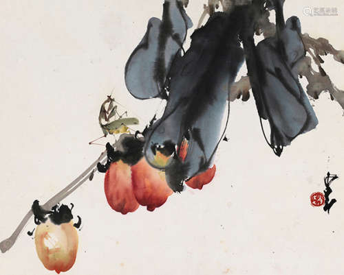 赵少昂（1905～1998） 红柿螳螂 镜片 设色纸本