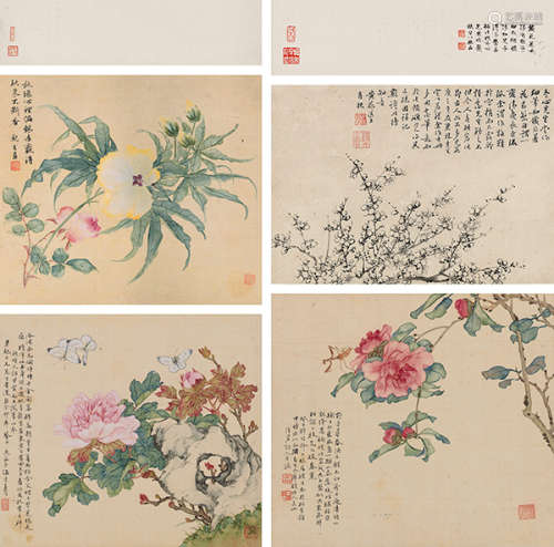 伍德彝（1864～1927）  谢观生（1760～1830）  张友秋（清） 花卉 （四帧） 镜片 设色绢本