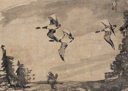 李铁夫（1869～1952） 飞雁图 立轴 设色纸本