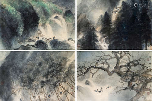 李劲堃（b.1958） 戊子（2008）年作 四景山水 镜片 设色绢本