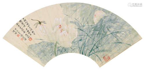 吴湖帆（1894～1968）  周炼霞（1906～2000） 甲午（1954）年作 荷花蜻蜓 镜片 设色纸本