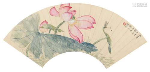 周炼霞（1906～2000） 辛丑（1961）年作 红荷蜻蜓 镜片 设色纸本